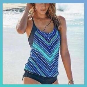 ATHLETA Water Stripe Blousy Tankini Top Caspian Cobalt Blue
